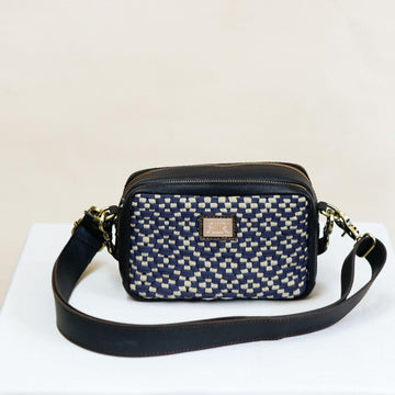 Bento Diamond Navy & Beige with Dark Brown Leather Fashion Rags2Riches