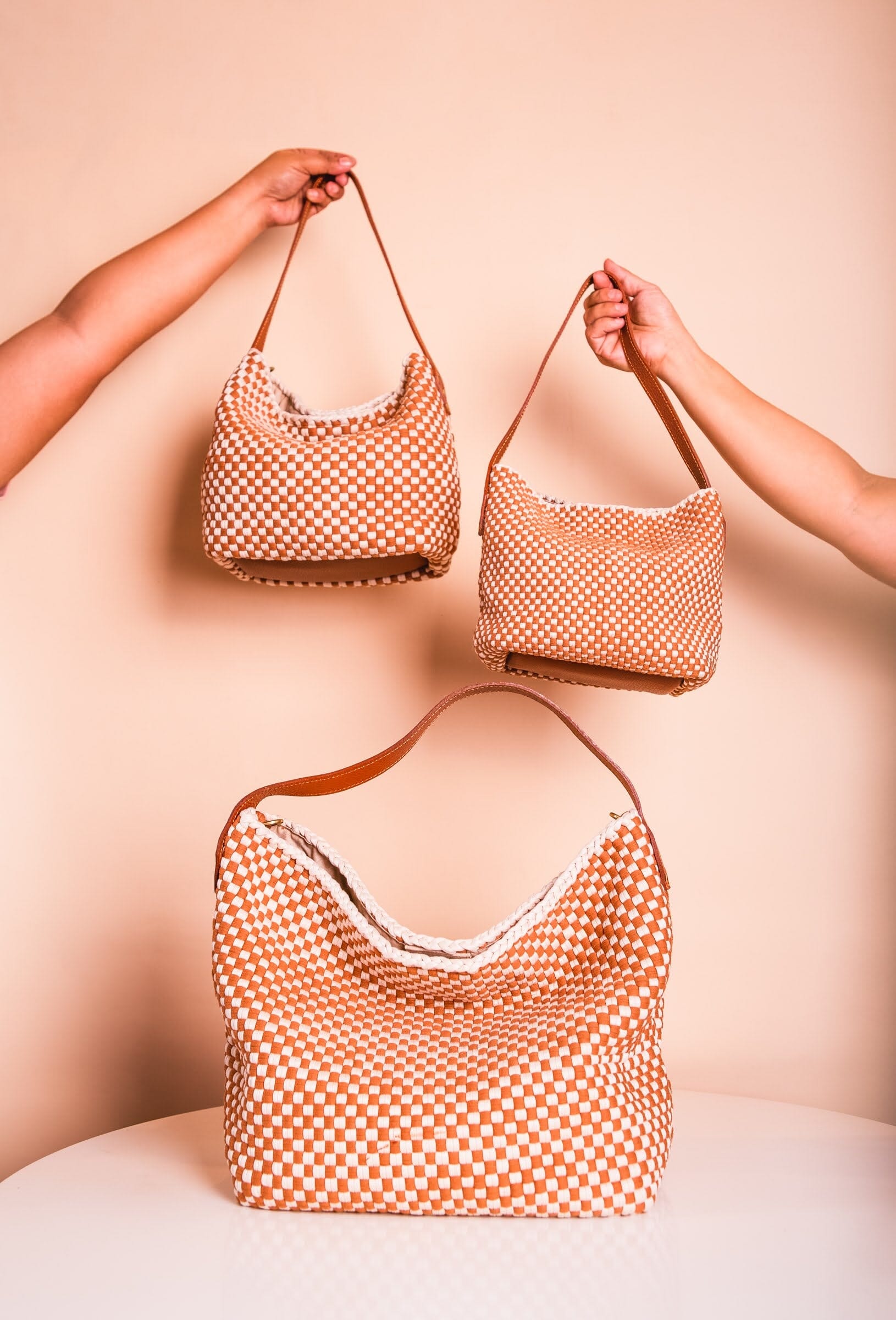 [Ready Today] Buslo Micro Checkerboard Tan & Beige with Longer Handles Fashion Rags2Riches