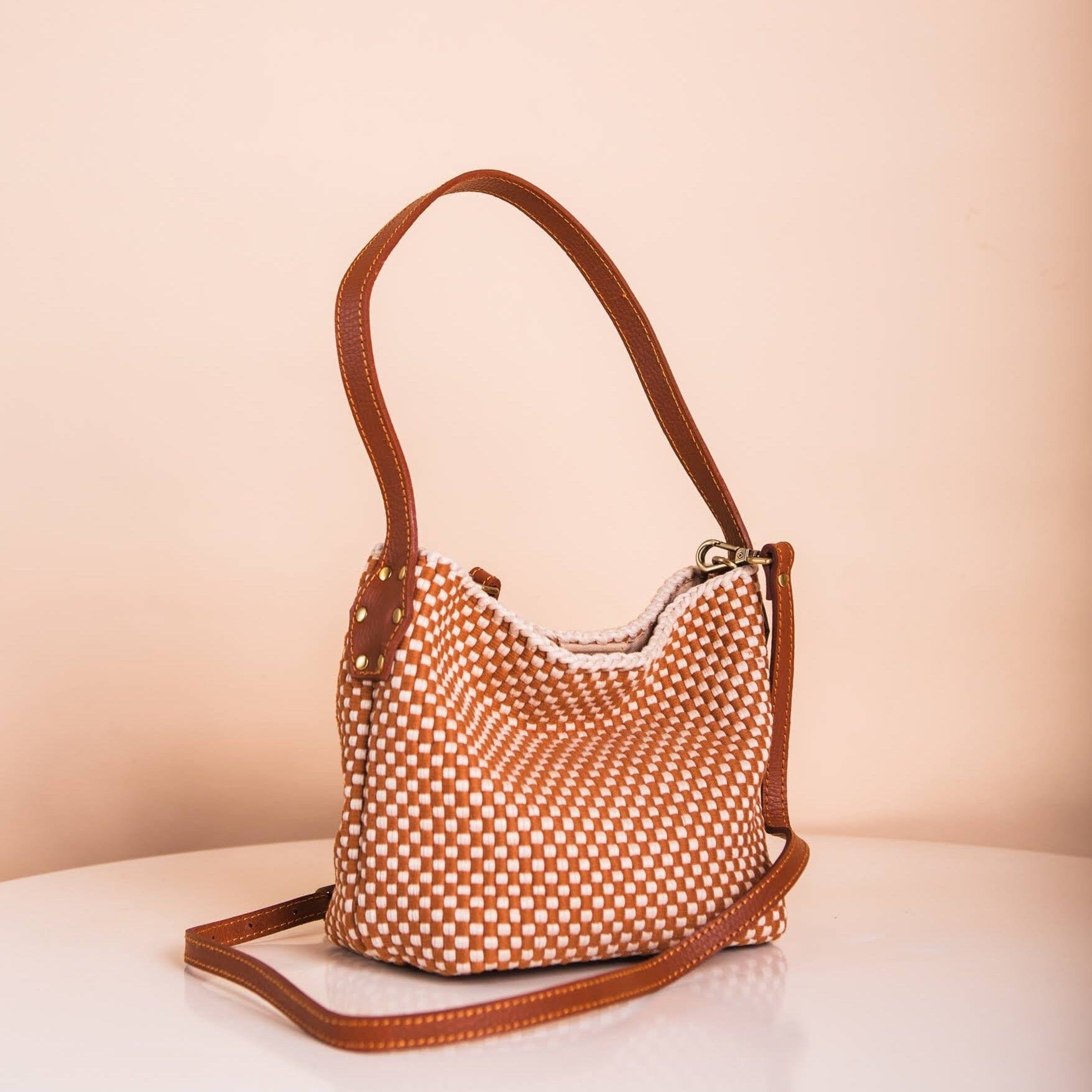 [Ready Today] Buslo Micro Checkerboard Tan & Beige with Longer Handles Fashion Rags2Riches